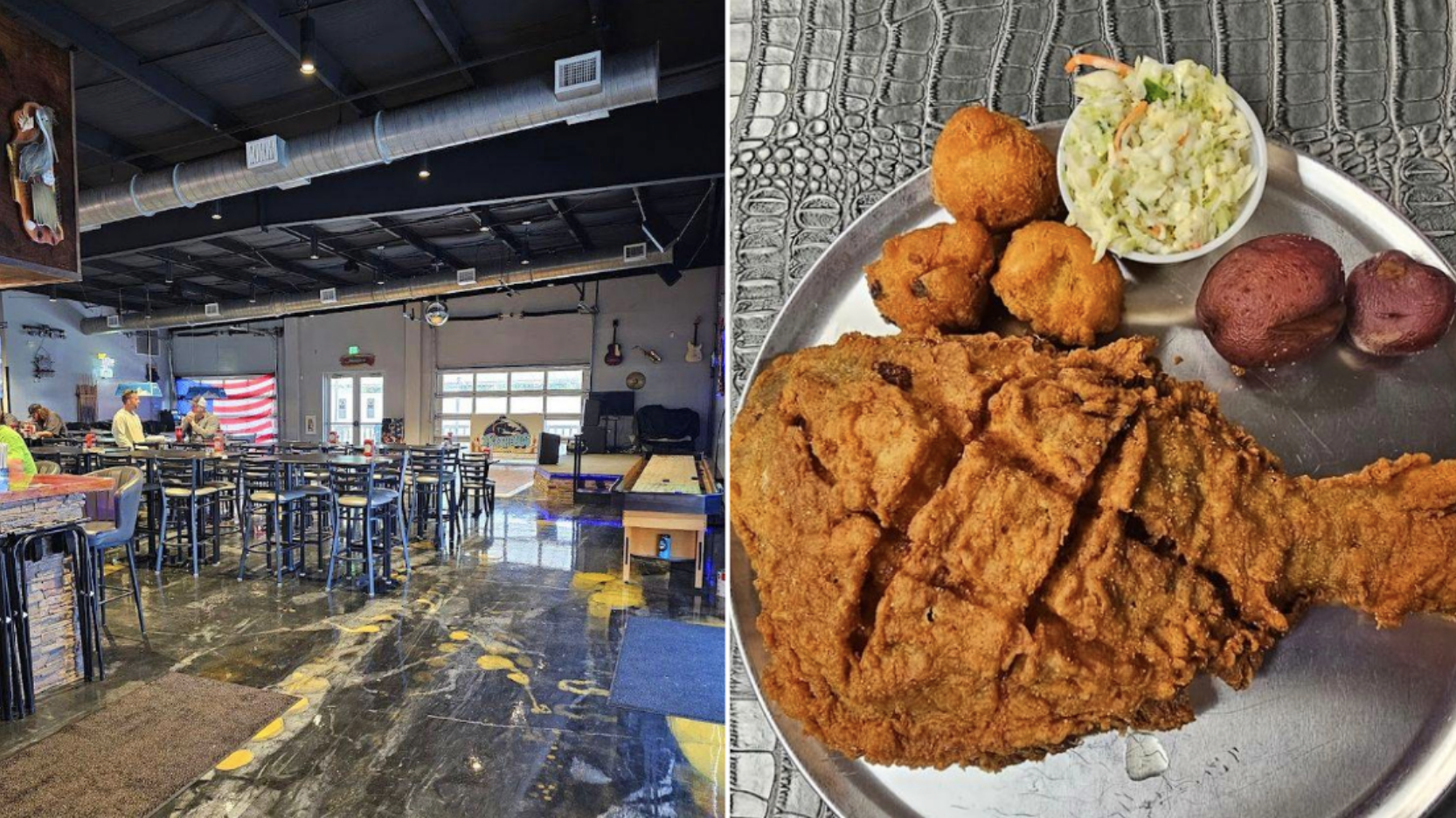 A plate of fried catfish with potatoes and coleslaw.